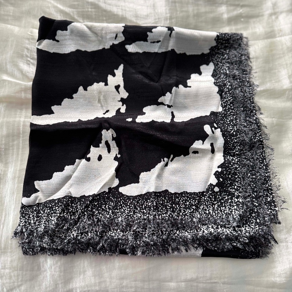 100% SILK SCARF, CHARLES JOURDAN PARIS, BLACK/WHITE, 54 x 52 INCHES, SMALL FRING